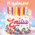 Personalized for Emilia elegant birthday cake adorned with rainbow sprinkles, colorful candles and glitter