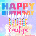 Animated Happy Birthday Cake with Name Emilija and Burning Candles
