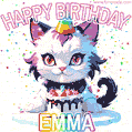 Cute cosmic cat with a birthday cake for Emma surrounded by a shimmering array of rainbow stars
