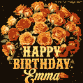 Beautiful bouquet of orange and red roses for Emma, golden inscription and twinkling stars