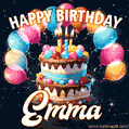 Hand-drawn happy birthday cake adorned with an arch of colorful balloons - name GIF for Emma