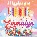 Personalized for Emmalyn elegant birthday cake adorned with rainbow sprinkles, colorful candles and glitter