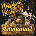 Celebrate Emmanuel's birthday with a GIF featuring chocolate cake, a lit sparkler, and golden stars