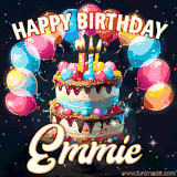 Bright birthday animation for Emmie with a chocolate cake, candles, balloons, and glowing celebratory lights.