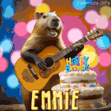 Animated birthday GIF showing a capybara playing guitar and singing beside a birthday cake with the name Emmie in large letters and colorful bokeh lights in the background.