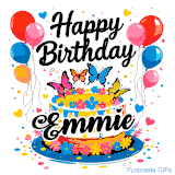 An animated birthday card for Emmie. It features a festive cake with her name, 'Emmie', and colorful butterflies. Floating balloons and hearts complete the joyful scene.