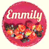 Beautifully decorated red velvet berry birthday cake with vibrant fruits and a glowing 'Emmily' name, adding a touch of sweetness and sparkle.