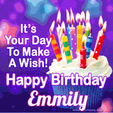 A colorful birthday GIF for Emmily featuring a cupcake with vibrant lit candles and the text 'It's Your Day to Make a Wish! Happy Birthday Emmily' in bold letters on a festive purple background.