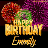 A golden 'Happy Birthday Emmily' message with vibrant fireworks in the background, creating a festive and celebratory vibe in this animated name GIF.