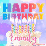 A vibrant animated name GIF with the words 'Happy Birthday Emmily' with colorful candles on a creamy cake. The background sparkles with pastel shades, adding a festive touch.