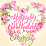 A stunning heart made of pink roses surrounds the elegant script text 'Happy Birthday Emmily' on a soft beige background. Animated sparkles add a magical and festive feel.