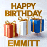 Premium 3D golden typography spelling Happy Birthday Emmitt hovering over three elegantly wrapped gift boxes in red, white, and blue colors