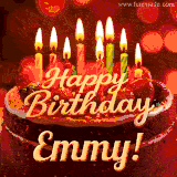 Beautifully decorated red velvet berry birthday cake with vibrant fruits and a glowing 'Emmy' name, adding a touch of sweetness and sparkle.