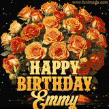 Animated bouquet of orange roses with moving butterfles and golden 'Happy Birthday Emmy' text, surrounded by sparkling accents and a dark backdrop for a luxurious feel.