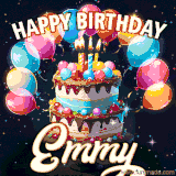 Bright birthday animation for Emmy with a chocolate cake, candles, balloons, and glowing celebratory lights.
