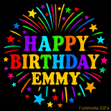 Personalized greeting card with name, colorful text that says 'Happy Birthday Emmy' surrounded by animated fireworks and multicolor stars