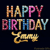 Vibrant luxury birthday greeting card for Emmy, showing glittering gemstone letters and golden calligraphy on a dark background with twinkling shine effects.