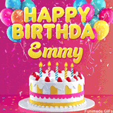 Pink-themed animated greeting with balloons, confetti, and a frosted cake under the message 'Happy Birthday Emmy' in bold rounded yellow font.