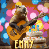 Animated birthday GIF showing a capybara playing guitar and singing beside a birthday cake with the name Emmy in large letters and colorful bokeh lights in the background.