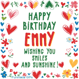 A colorful animated card for Emmy’s birthday featuring playful hearts, cheerful flowers, and a handwritten message wishing smiles and sunshine.