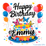 An animated birthday card for Emmy. It features a festive cake with her name, 'Emmy', and colorful butterflies. Floating balloons and hearts complete the joyful scene.