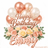 Seamlessly looping Happy Birthday Emmy wish with pastel flowers and balloons