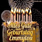 A chocolate birthday cake with glowing candles, the German text 'Alles Gute zum Geburtstag Emmylou,' and vibrant fireworks lighting up the background in an animated GIF.