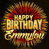 Golden 'Happy Birthday Emmylou' text accompanied by animated rainbow fireworks for a festive animated greeting.