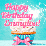 A festive cupcake with pink icing, a gingham bow, and a lit animated sparkler, paired with 'Happy Birthday Emmylou!' in bright pink text.