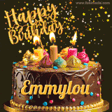 A delightful chocolate birthday cake with bright candles and 'Happy Birthday Emmylou' written in gold amidst a shower of animated stars.