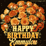 Animated bouquet of orange roses with moving butterfles and golden 'Happy Birthday Emmylou' text, surrounded by sparkling accents and a dark backdrop for a luxurious feel.