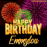 A golden 'Happy Birthday Emmylou' message with vibrant fireworks in the background, creating a festive and celebratory vibe in this animated name GIF.