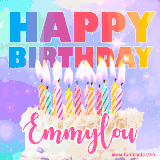 A vibrant animated name GIF with the words 'Happy Birthday Emmylou' with colorful candles on a creamy cake. The background sparkles with pastel shades, adding a festive touch.