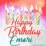 Bright birthday candles with rainbow flames on a cake, alongside the text 'Happy Birthday Emori' in vibrant script in this celebratory animated GIF.