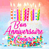 A white birthday cake covered in colorful sprinkles, topped with bright candles, and French text 'Bon Anniversaire Emori' on a pastel gradient background in an animated GIF.