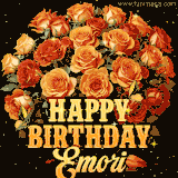 Animated bouquet of orange roses with moving butterfles and golden 'Happy Birthday Emori' text, surrounded by sparkling accents and a dark backdrop for a luxurious feel.