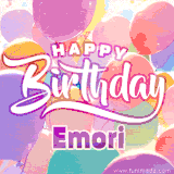 A vibrant name GIF featuring colorful balloons in shades of pink, orange, and yellow with the bold text 'Happy Birthday Emori' in festive fonts, creating a lively birthday vibe.