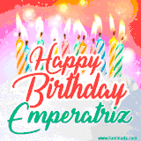 Bright birthday candles with rainbow flames on a cake, alongside the text 'Happy Birthday Emperatriz' in vibrant script in this celebratory animated GIF.