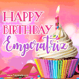 A vibrant birthday GIF featuring a rainbow-colored cupcake topped with white frosting, sprinkles, and a lit candle. The text reads 'Happy Birthday Emperatriz' in bold pink and violet letters with white outline.