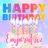 A vibrant animated name GIF with the words 'Happy Birthday Emperatriz' with colorful candles on a creamy cake. The background sparkles with pastel shades, adding a festive touch.