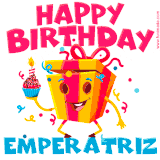 A vibrant and funny gift box character with a happy face dancing with a cupcake and the text 'Happy Birthday Emperatriz,' surrounded by animated confetti and party vibes.