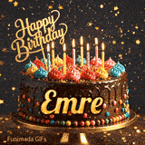 Multi-colored dollops of frosting and burning birthday candles on a chocolate glaze cake, custom-designed for Emre.