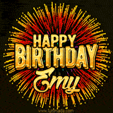 Golden 'Happy Birthday Emy' text accompanied by animated rainbow fireworks for a festive animated greeting.