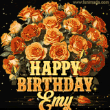 Animated bouquet of orange roses with moving butterfles and golden 'Happy Birthday Emy' text, surrounded by sparkling accents and a dark backdrop for a luxurious feel.