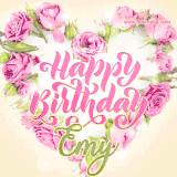 A stunning heart made of pink roses surrounds the elegant script text 'Happy Birthday Emy' on a soft beige background. Animated sparkles add a magical and festive feel.