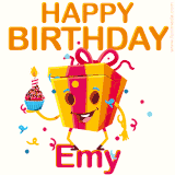 A vibrant and funny gift box character with a happy face dancing with a cupcake and the text 'Happy Birthday Emy,' surrounded by animated confetti and party vibes.