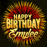 Golden 'Happy Birthday Emylee' text accompanied by animated rainbow fireworks for a festive animated greeting.