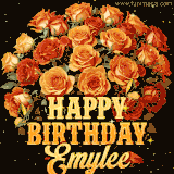 Animated bouquet of orange roses with moving butterfles and golden 'Happy Birthday Emylee' text, surrounded by sparkling accents and a dark backdrop for a luxurious feel.
