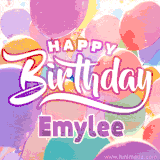 A vibrant name GIF featuring colorful balloons in shades of pink, orange, and yellow with the bold text 'Happy Birthday Emylee' in festive fonts, creating a lively birthday vibe.