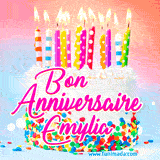 A white birthday cake covered in colorful sprinkles, topped with bright candles, and French text 'Bon Anniversaire Emylia' on a pastel gradient background in an animated GIF.